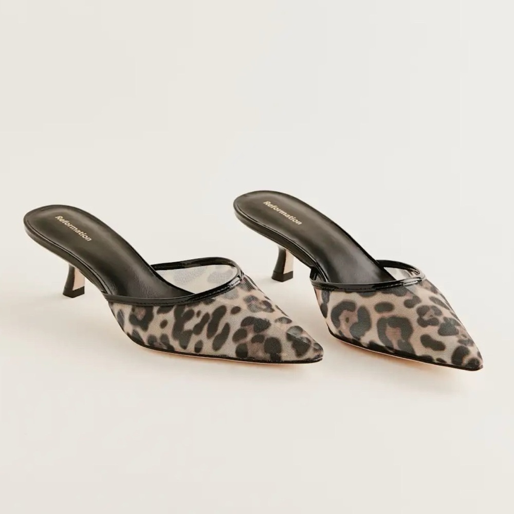 New Reformation Wilda Kitten Heels Leopard Mesh Black 8